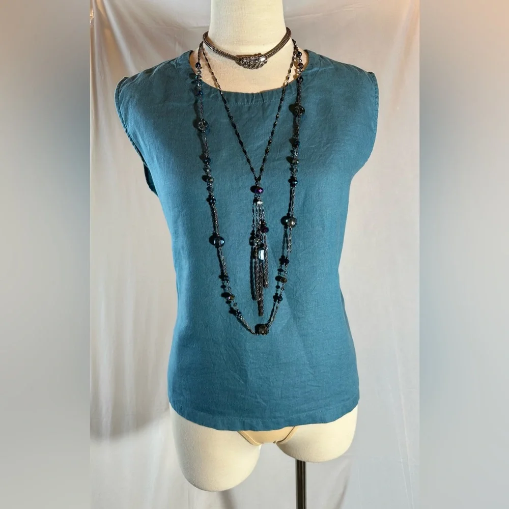 Quince Women 100% European Linen Sleeveless Spring Tank Top Teal Lg Mineral Blue - Picture 8 of 14
